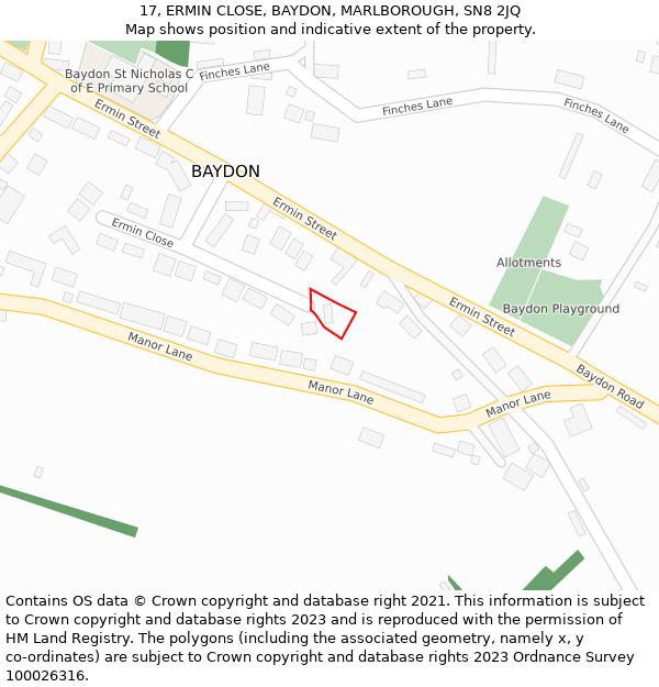 17, ERMIN CLOSE, BAYDON, MARLBOROUGH, SN8 2JQ: Location map and indicative extent of plot