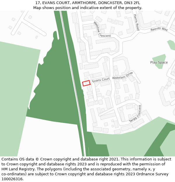 17, EVANS COURT, ARMTHORPE, DONCASTER, DN3 2FL: Location map and indicative extent of plot