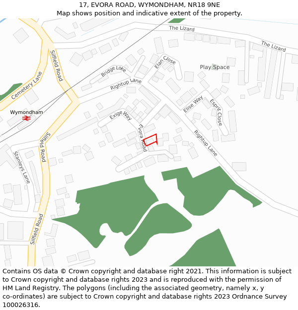 17, EVORA ROAD, WYMONDHAM, NR18 9NE: Location map and indicative extent of plot