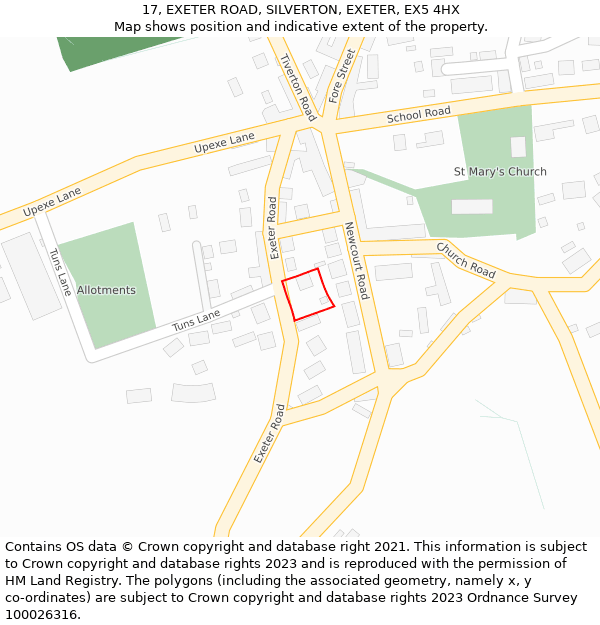 17, EXETER ROAD, SILVERTON, EXETER, EX5 4HX: Location map and indicative extent of plot