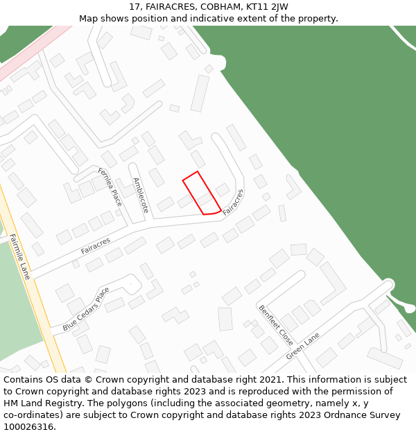 17, FAIRACRES, COBHAM, KT11 2JW: Location map and indicative extent of plot