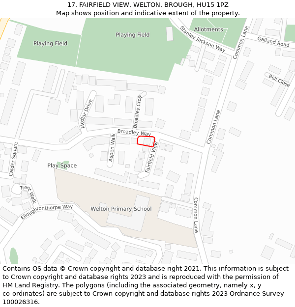 17, FAIRFIELD VIEW, WELTON, BROUGH, HU15 1PZ: Location map and indicative extent of plot