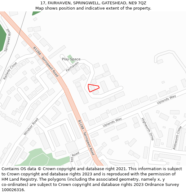 17, FAIRHAVEN, SPRINGWELL, GATESHEAD, NE9 7QZ: Location map and indicative extent of plot