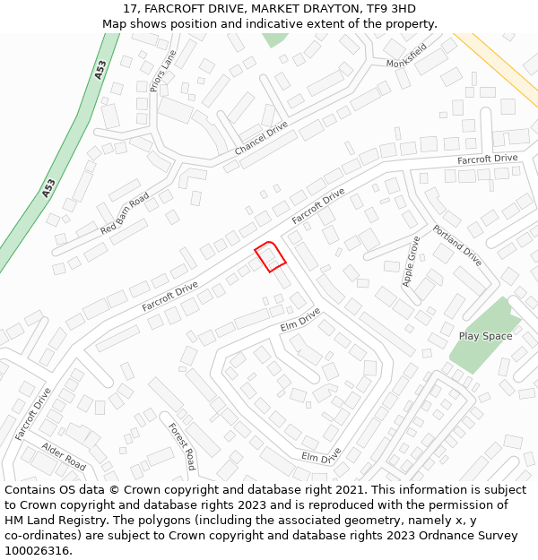 17, FARCROFT DRIVE, MARKET DRAYTON, TF9 3HD: Location map and indicative extent of plot