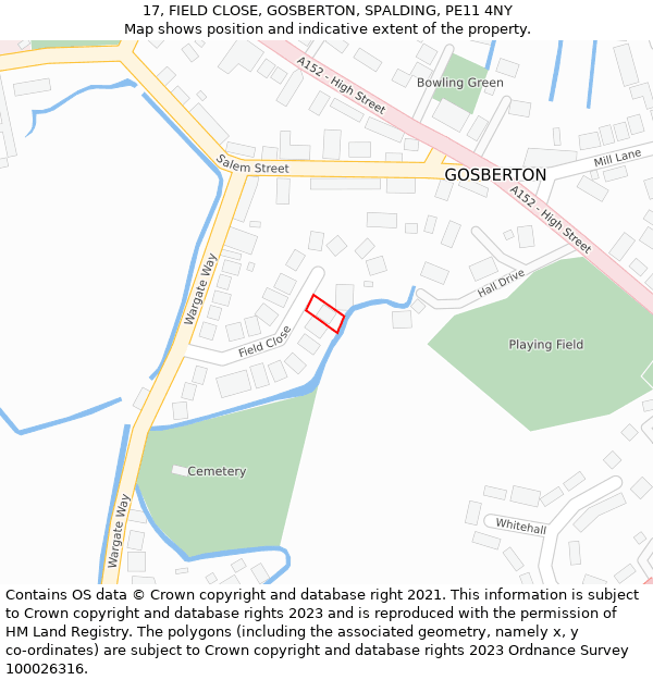 17, FIELD CLOSE, GOSBERTON, SPALDING, PE11 4NY: Location map and indicative extent of plot