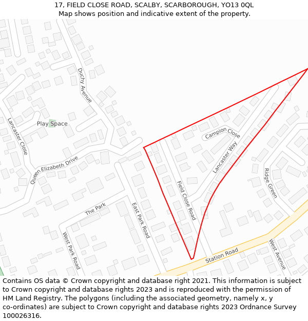 17, FIELD CLOSE ROAD, SCALBY, SCARBOROUGH, YO13 0QL: Location map and indicative extent of plot