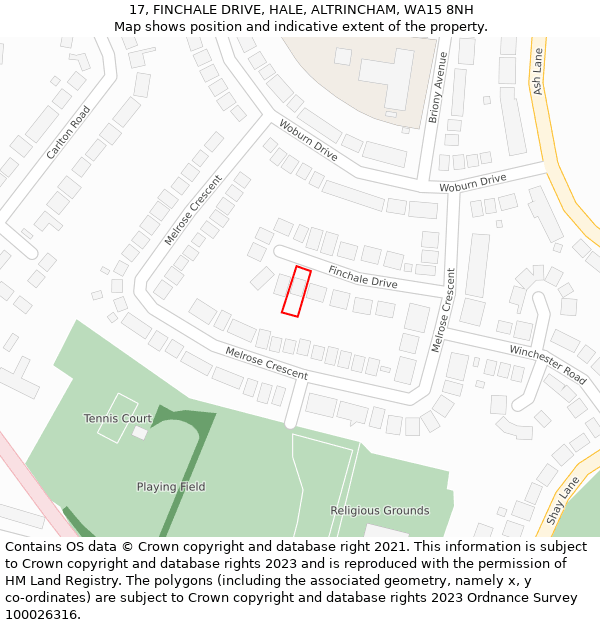 17, FINCHALE DRIVE, HALE, ALTRINCHAM, WA15 8NH: Location map and indicative extent of plot