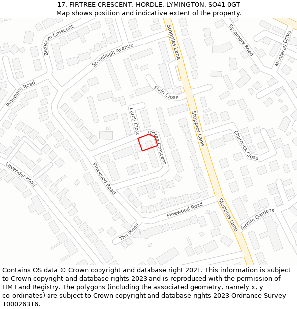 17, FIRTREE CRESCENT, HORDLE, LYMINGTON, SO41 0GT: Location map and indicative extent of plot