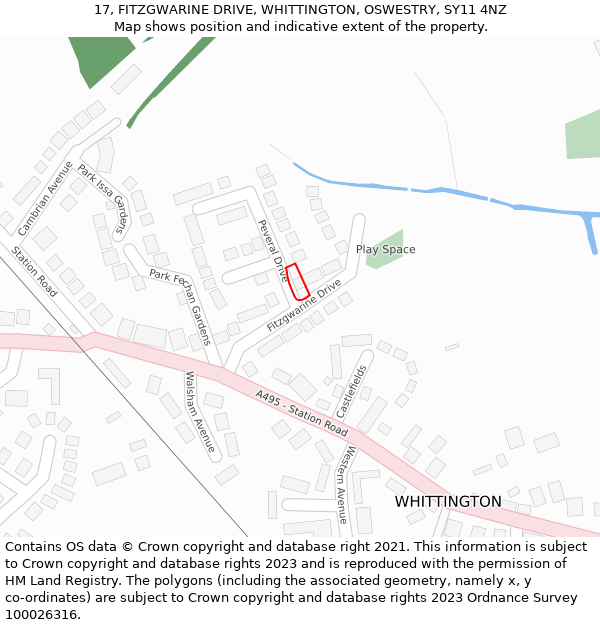 17, FITZGWARINE DRIVE, WHITTINGTON, OSWESTRY, SY11 4NZ: Location map and indicative extent of plot