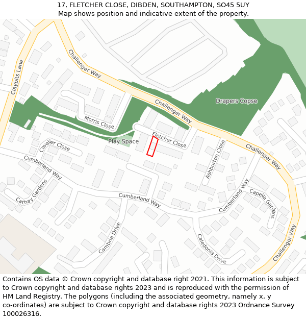 17, FLETCHER CLOSE, DIBDEN, SOUTHAMPTON, SO45 5UY: Location map and indicative extent of plot