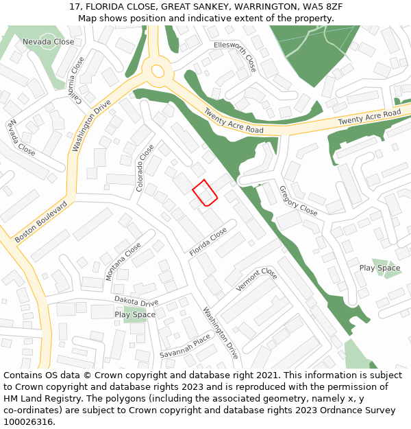 17, FLORIDA CLOSE, GREAT SANKEY, WARRINGTON, WA5 8ZF: Location map and indicative extent of plot