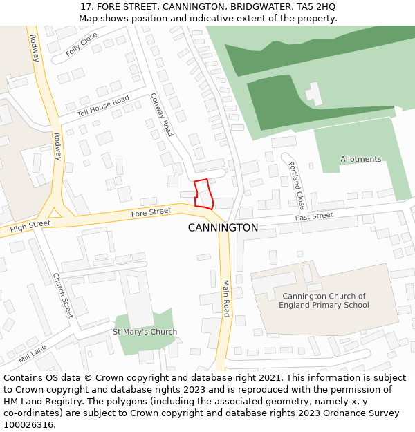 17, FORE STREET, CANNINGTON, BRIDGWATER, TA5 2HQ: Location map and indicative extent of plot