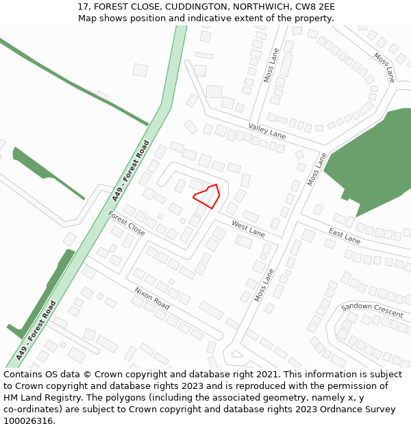 17, FOREST CLOSE, CUDDINGTON, NORTHWICH, CW8 2EE: Location map and indicative extent of plot