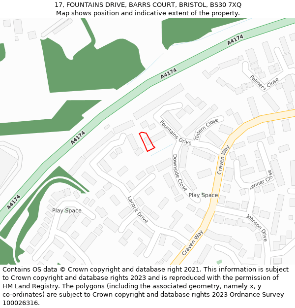 17, FOUNTAINS DRIVE, BARRS COURT, BRISTOL, BS30 7XQ: Location map and indicative extent of plot