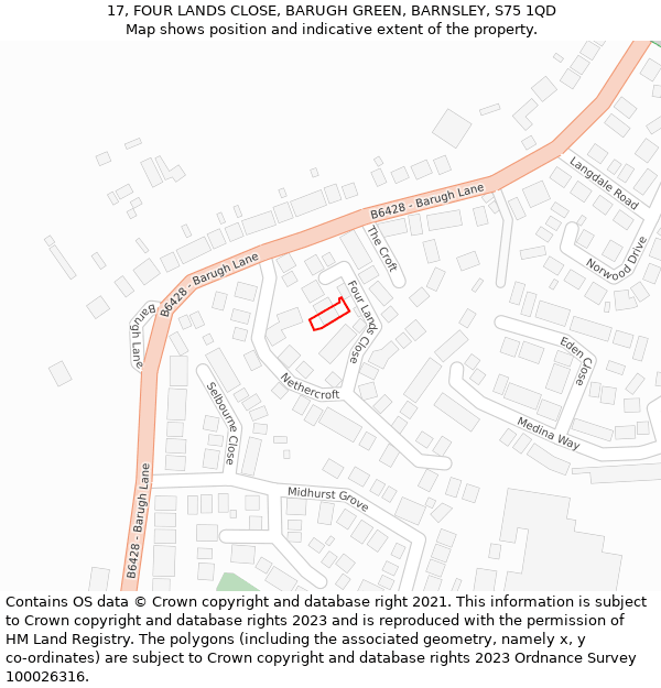 17, FOUR LANDS CLOSE, BARUGH GREEN, BARNSLEY, S75 1QD: Location map and indicative extent of plot