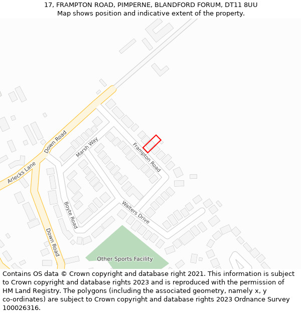 17, FRAMPTON ROAD, PIMPERNE, BLANDFORD FORUM, DT11 8UU: Location map and indicative extent of plot