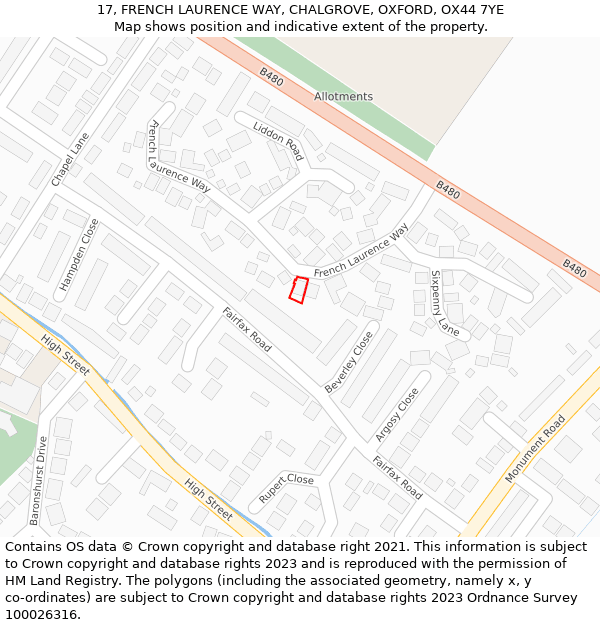 17, FRENCH LAURENCE WAY, CHALGROVE, OXFORD, OX44 7YE: Location map and indicative extent of plot