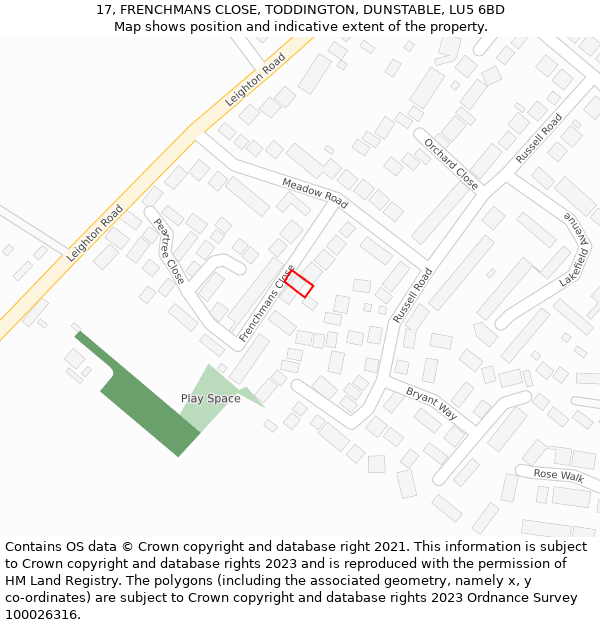 17, FRENCHMANS CLOSE, TODDINGTON, DUNSTABLE, LU5 6BD: Location map and indicative extent of plot