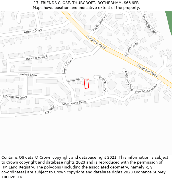 17, FRIENDS CLOSE, THURCROFT, ROTHERHAM, S66 9FB: Location map and indicative extent of plot