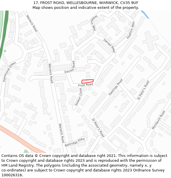 17, FROST ROAD, WELLESBOURNE, WARWICK, CV35 9UF: Location map and indicative extent of plot