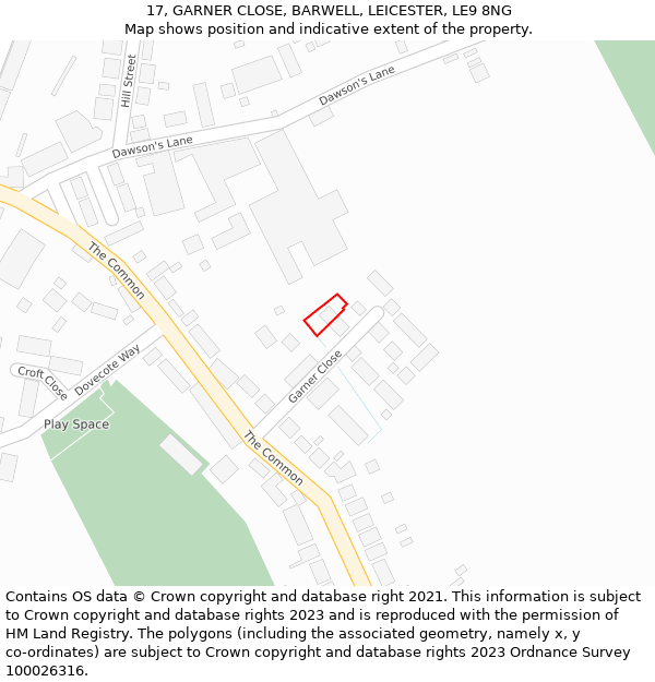 17, GARNER CLOSE, BARWELL, LEICESTER, LE9 8NG: Location map and indicative extent of plot