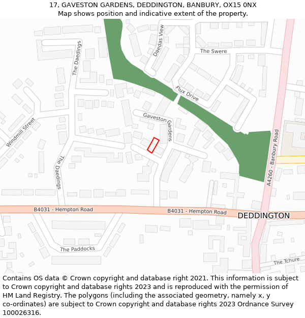 17, GAVESTON GARDENS, DEDDINGTON, BANBURY, OX15 0NX: Location map and indicative extent of plot