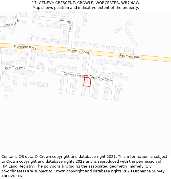 17, GENEVA CRESCENT, CROWLE, WORCESTER, WR7 4AW: Location map and indicative extent of plot