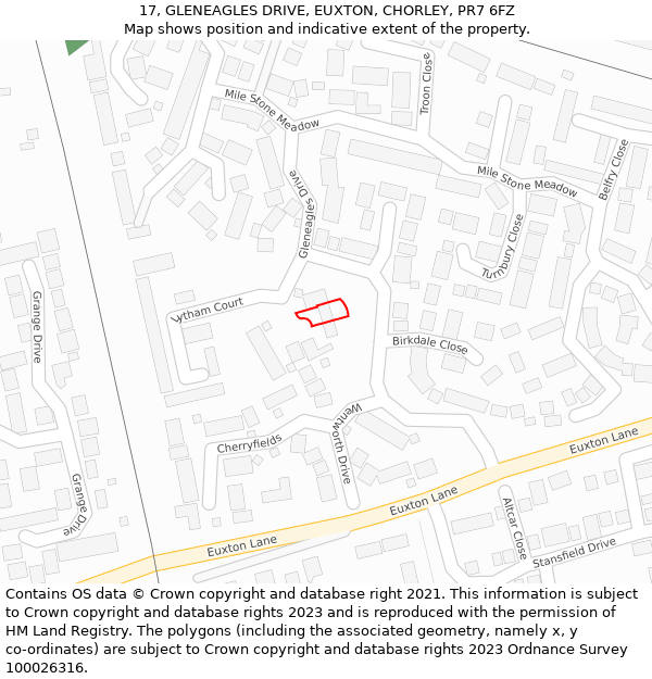 17, GLENEAGLES DRIVE, EUXTON, CHORLEY, PR7 6FZ: Location map and indicative extent of plot