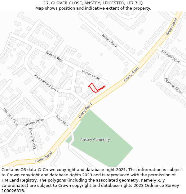 17, GLOVER CLOSE, ANSTEY, LEICESTER, LE7 7LQ: Location map and indicative extent of plot