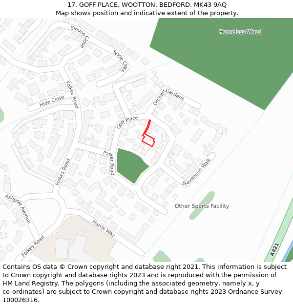 17, GOFF PLACE, WOOTTON, BEDFORD, MK43 9AQ: Location map and indicative extent of plot