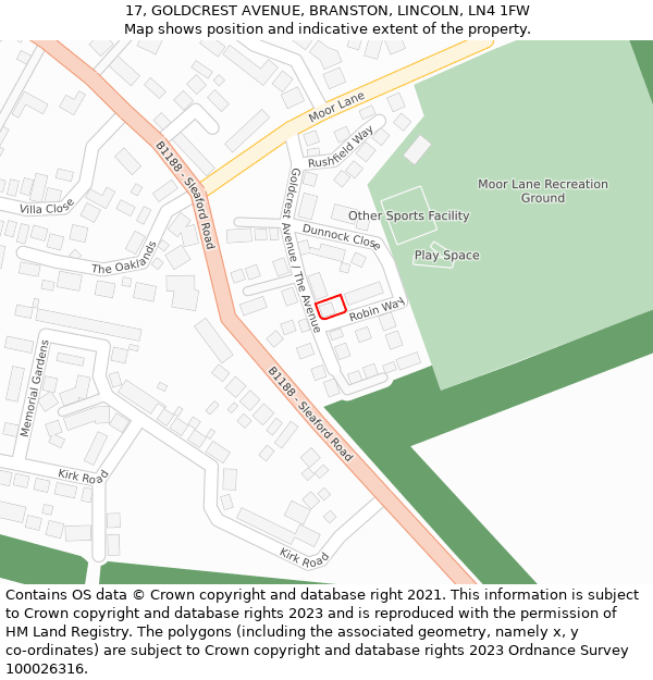 17, GOLDCREST AVENUE, BRANSTON, LINCOLN, LN4 1FW: Location map and indicative extent of plot