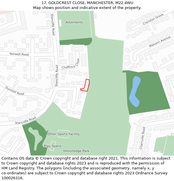 17, GOLDCREST CLOSE, MANCHESTER, M22 4WU: Location map and indicative extent of plot
