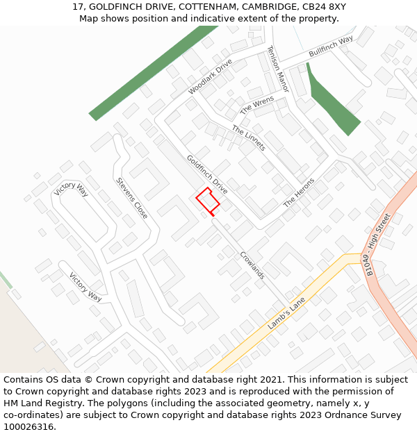 17, GOLDFINCH DRIVE, COTTENHAM, CAMBRIDGE, CB24 8XY: Location map and indicative extent of plot