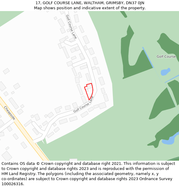 17, GOLF COURSE LANE, WALTHAM, GRIMSBY, DN37 0JN: Location map and indicative extent of plot