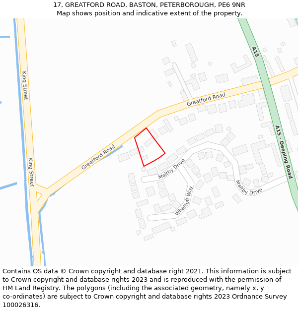 17, GREATFORD ROAD, BASTON, PETERBOROUGH, PE6 9NR: Location map and indicative extent of plot