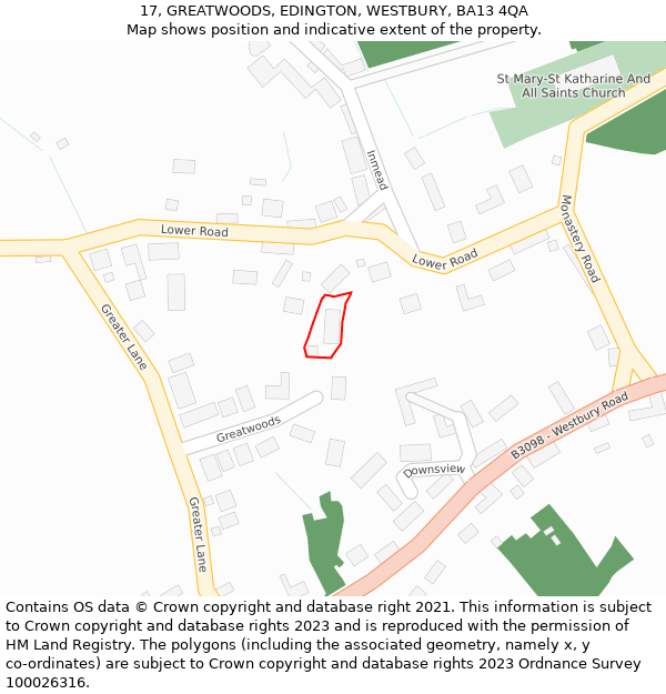 17, GREATWOODS, EDINGTON, WESTBURY, BA13 4QA: Location map and indicative extent of plot