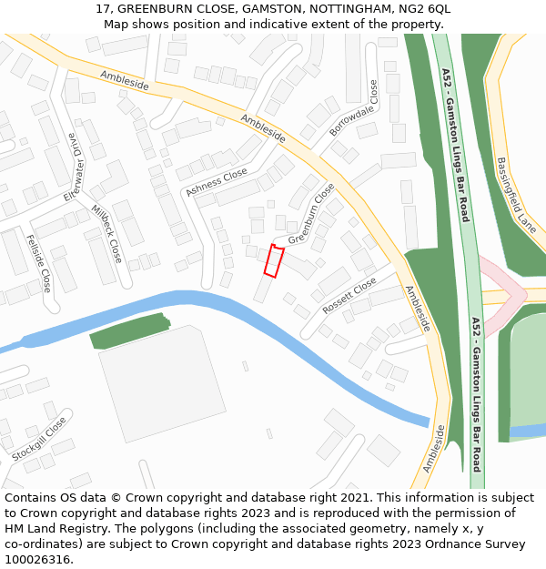 17, GREENBURN CLOSE, GAMSTON, NOTTINGHAM, NG2 6QL: Location map and indicative extent of plot
