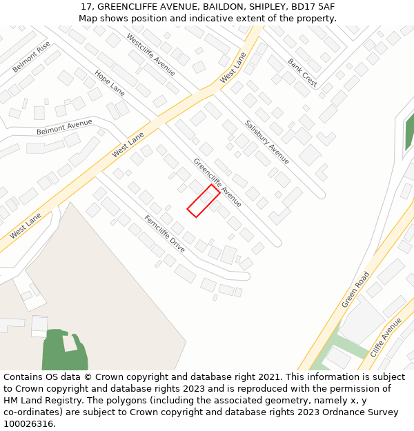 17, GREENCLIFFE AVENUE, BAILDON, SHIPLEY, BD17 5AF: Location map and indicative extent of plot