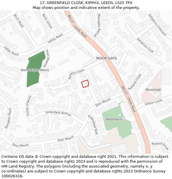 17, GREENFIELD CLOSE, KIPPAX, LEEDS, LS25 7PX: Location map and indicative extent of plot