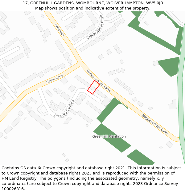 17, GREENHILL GARDENS, WOMBOURNE, WOLVERHAMPTON, WV5 0JB: Location map and indicative extent of plot