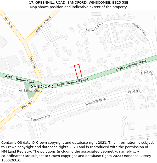 17, GREENHILL ROAD, SANDFORD, WINSCOMBE, BS25 5SB: Location map and indicative extent of plot