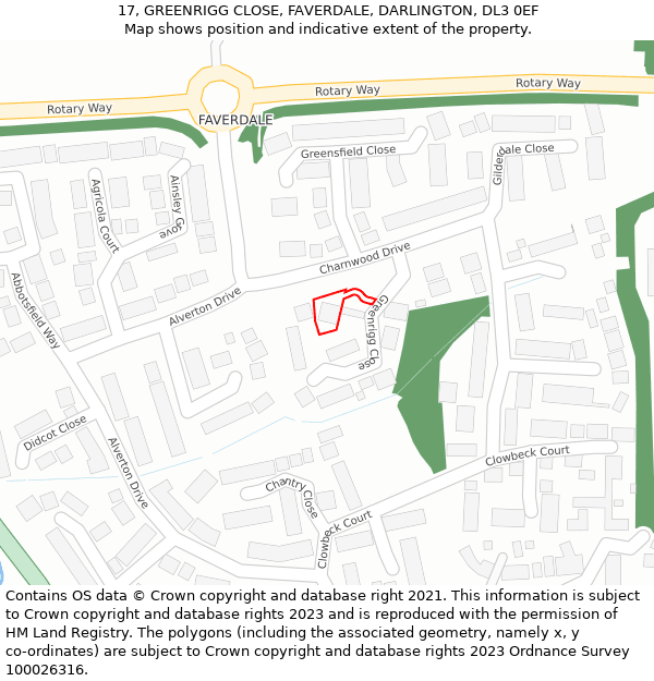 17, GREENRIGG CLOSE, FAVERDALE, DARLINGTON, DL3 0EF: Location map and indicative extent of plot