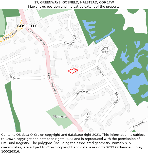 17, GREENWAYS, GOSFIELD, HALSTEAD, CO9 1TW: Location map and indicative extent of plot