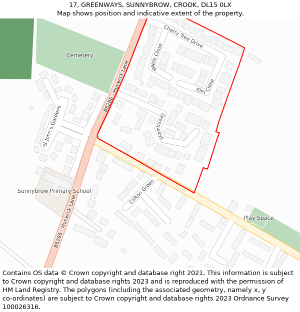 17, GREENWAYS, SUNNYBROW, CROOK, DL15 0LX: Location map and indicative extent of plot