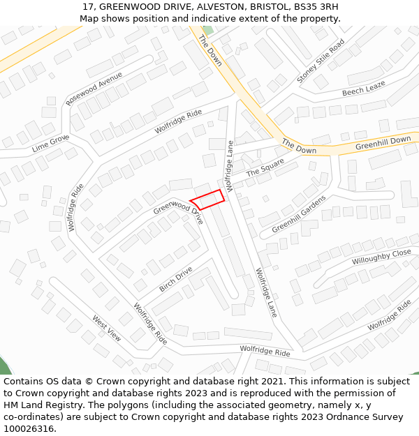 17, GREENWOOD DRIVE, ALVESTON, BRISTOL, BS35 3RH: Location map and indicative extent of plot