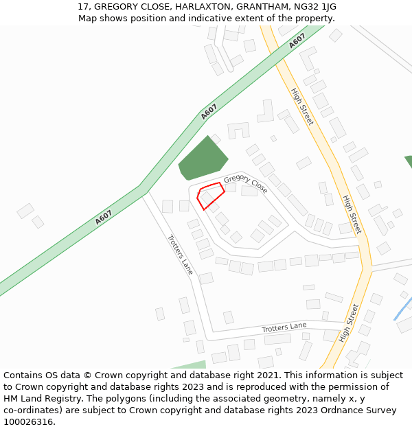 17, GREGORY CLOSE, HARLAXTON, GRANTHAM, NG32 1JG: Location map and indicative extent of plot