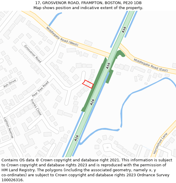 17, GROSVENOR ROAD, FRAMPTON, BOSTON, PE20 1DB: Location map and indicative extent of plot