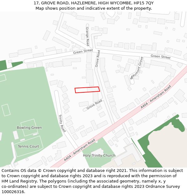 17, GROVE ROAD, HAZLEMERE, HIGH WYCOMBE, HP15 7QY: Location map and indicative extent of plot