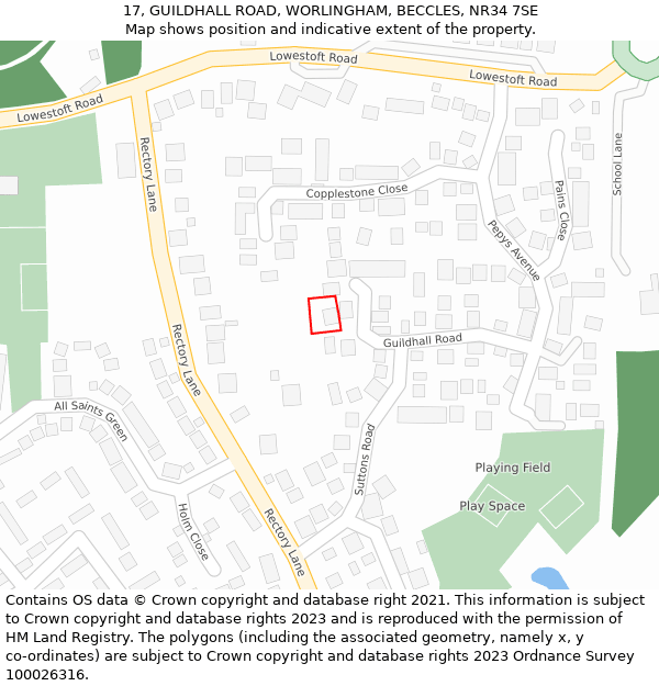 17, GUILDHALL ROAD, WORLINGHAM, BECCLES, NR34 7SE: Location map and indicative extent of plot