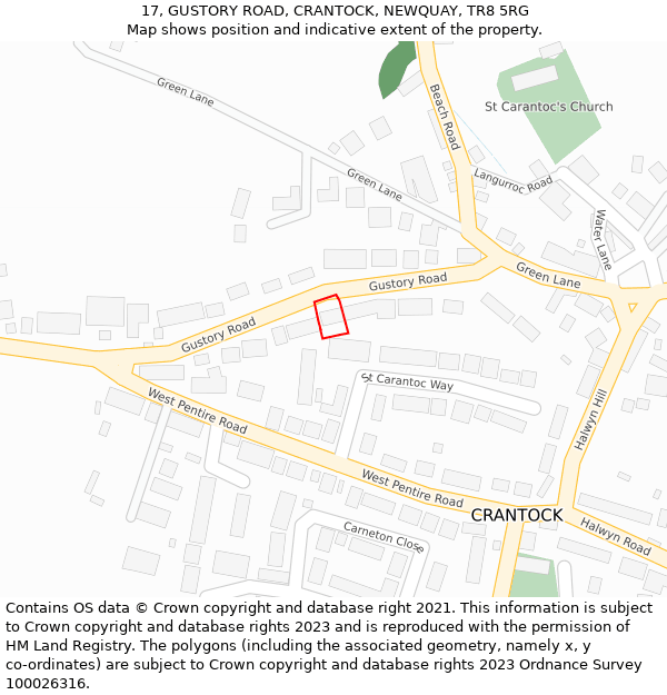 17, GUSTORY ROAD, CRANTOCK, NEWQUAY, TR8 5RG: Location map and indicative extent of plot